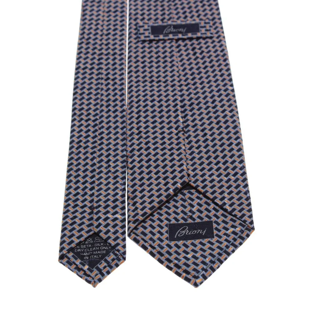Brioni NWOT Neck Tie in Blues & Orange Geometric Print 100% Silk Made in Italy